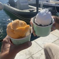 Melon sorbet and coconut sorbet on top   at Akation Pastry Boutique in Naxos