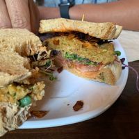 Spicy chickpea burger (add coconut bacon) at Well Fed Louisiana in Shreveport