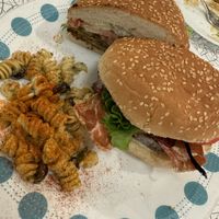 Bacon Ranch Cheeseburger with the Cashew Quinoa patty  at Spiral Diner & Bakery in Denton