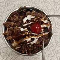 Dessert (brownie with 3 scoops of ice cream, topped with whipped cream, caramel, and a cherry!) #Veganuary at Spiral Diner & Bakery in Denton