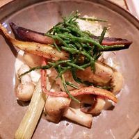 Gevulde venkel met citroen risotto. Gegrilde gekleurde wortels en champignons in witte wijnsaus at Herberg het Volle Leven in Appelscha