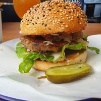 Close up vegan zwamburger at Restaurant Wally in Nijmegen