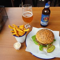 Vegan zwamburger with vegan bread included rookmayonaise and sidedish fries with fenegriek mayonaise at Restaurant Wally in Nijmegen