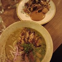 Celeriac ramen and mushroom nuggies at Le Bec Jaune in Morzine