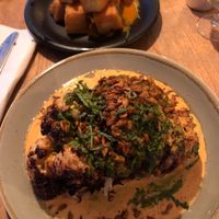 Roasted cauliflower in cashew and mint sauce, chickpea tofu at Le Bec Jaune in Morzine