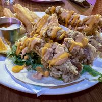 Fish Tacos made of oyster mushrooms with fried yucca  at Huacamole Vegan Food in San Pedro