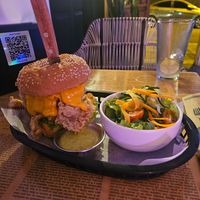 Oyster Chickn Chipotle Burger w/Side Salad at Huacamole Vegan Food in San Pedro