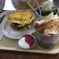 Falafel, plantain burger  at Huacamole Vegan Food in San Pedro