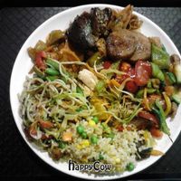 A plate with (nearly) all vegan options (besides the salad and the dessert. at Bosque Bambu in Montevideo