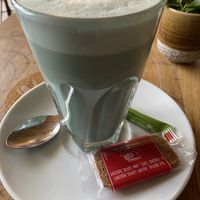 Blue butterfly pea latte: very good! Tastes like marshmallow and ginger. at Mr. & Mrs. Watson in Amsterdam