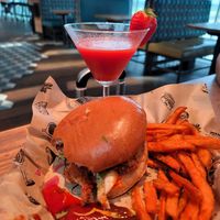 Vegan chicken burger with sweet potato fries and strawberry basil daiquiri at LHR - Giraffe - T5 in West London
