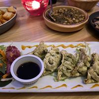 Vegan gyoza, patatas braves, spinach & chickpeas, garlic mushrooms - all delicious! at Tedo Tapas Bar in Cork