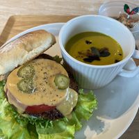 Pumpkin soup, tempe(?) burger, everything amazingly delicious. at plant-HOLIC in Ginowan