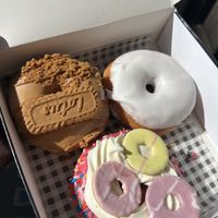 Three vegan doughnuts (Biscoff, vanilla glazed, and party sprinkle)  at Doughnotts in Nottingham