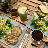 Fava and sprouted wheat burger with almond-mayo sauce. And the sprouted spicy lentil burger with mustard sauce  at Solar Kitchen Bar in Larnaca