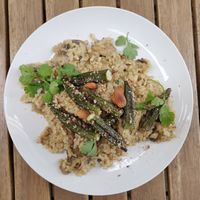 Risotto with mushrooms and okra... at Solar Kitchen Bar in Larnaca