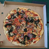 Vegan pizza (the first option) at Pizzeria Bella in Nelson