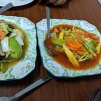 Japanese bean curd with mushroom and sweet and sour chicken at Soe Pyi Swar Vegetarian Centre 斋全素食餐室 in Yangon