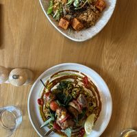 ‘Chicken’ kebabs and bibambap  at Mildreds - Dalston in East London