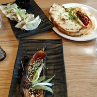 Miso glazed aubergine, gyoza, flat bread and houmous - all vegan at Mildreds - Dalston in East London