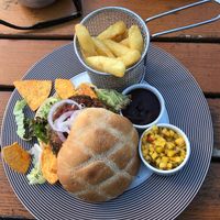 Vegan burger and fries at Smeltehuset in Odda