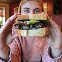 Black Bean Burger - VEGAN (no cheese & a different bread) at Beehive Cafe in Bristol