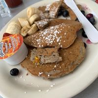 Full image of the Vegan Blueberry Pancakes (with the egg on it) at Stella's Cafe in Wildwood
