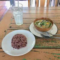 Green curry with brown rice and lime soda at Bird's Nest Cafe in Chiang Mai