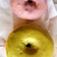 Blueberry cake donut (top) matcha raised donut (bottom) at Vegan Donut Gelato in Oakland
