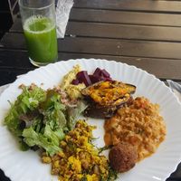 Mixed plate with eggplant, salad, stroganoff at Apetit Natural in Brasilia