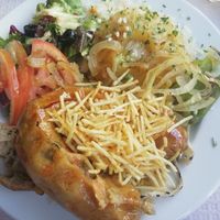 Vegan version of Portuguese sausage dish at Veggie Momi in Albufeira