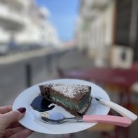 Chocolate-pastachio cake. Relatively healthy and made with pure ingredients. Great flavours!  at Veggie Momi in Albufeira