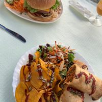 Beyond Meat Burger and local specialty wrap  at Veggie Momi in Albufeira