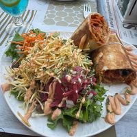 Portuguese wrap with shoestring fries and salad at Veggie Momi in Albufeira