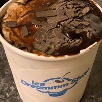 Vegan Double Chocolate Chip pint with homemade Vegan chocolate syrup and vegan chocolate shavings. Brought home a pint! Oat milk is the base.  at Ice Dreammm Shop in Lutz