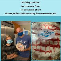 With a 24 hour notice they can make you a Vegan ice cream pie! This was one for my sons 13th birthday. I brought the Vegan whip cream for them to add.  at Ice Dreammm Shop in Lutz