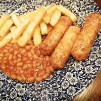 Vegan sausages, chips and beans at The Lord Rosebery in Scarborough