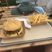 Joker soy burger + french fries (and a latte I inhaled immediately)  at The Burger Cafe in Tenerife