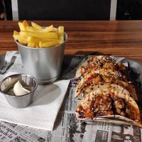 Vegan Meat Tacos: Vegan meat Heura, Pico de gallo, cabbage and Teriyaki sauce.
Fries with apparently NOT vegan mayo. at The Burger Cafe in Tenerife