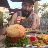Mushrooming burger and potato wedge at The Burger Cafe in Tenerife