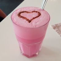 Pink beet root latte at Cafe Lotti in Munich