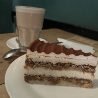 Soya chai latte & tiramisu cake, big enough for two to sharee  at Cafe Morgenrot in Berlin