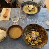 Tofu dish with rice and miso soup and Ramens  at Etxe Nami in Saint-jean-de-luz