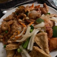 Full plate of vegan Chinese food, salt and pepper tofu not on the menu but they can make it for you. Cashews mock chicken and Kong Po Mock Chicken with Mock chicken fried rice at New Happy Palace  in Gillingham