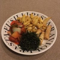 Sweet & Sour Mock Chicken Hong Kong Style with Seaweed, chips and spring rolls. at New Happy Palace  in Gillingham