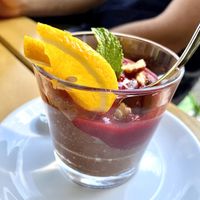 Vegan mousse au chocolat w/ caramellized walnuts & raspberry sauce  at Herbstapfel in Kassel