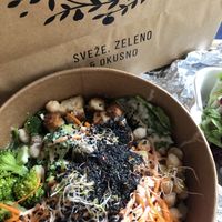 peanut butter bowl with tofu, brown rice and vegetables  at Barbarella Juicebar in Ljubljana