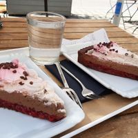 Chocolate raspberry cake. at Barbarella Juicebar in Ljubljana