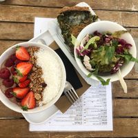 Chocolate protein smoothie bowl & quiche at Barbarella Juicebar in Ljubljana