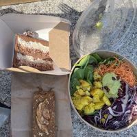 Quinoa salad, cake, and tart at train station.  at Barbarella Juicebar in Ljubljana